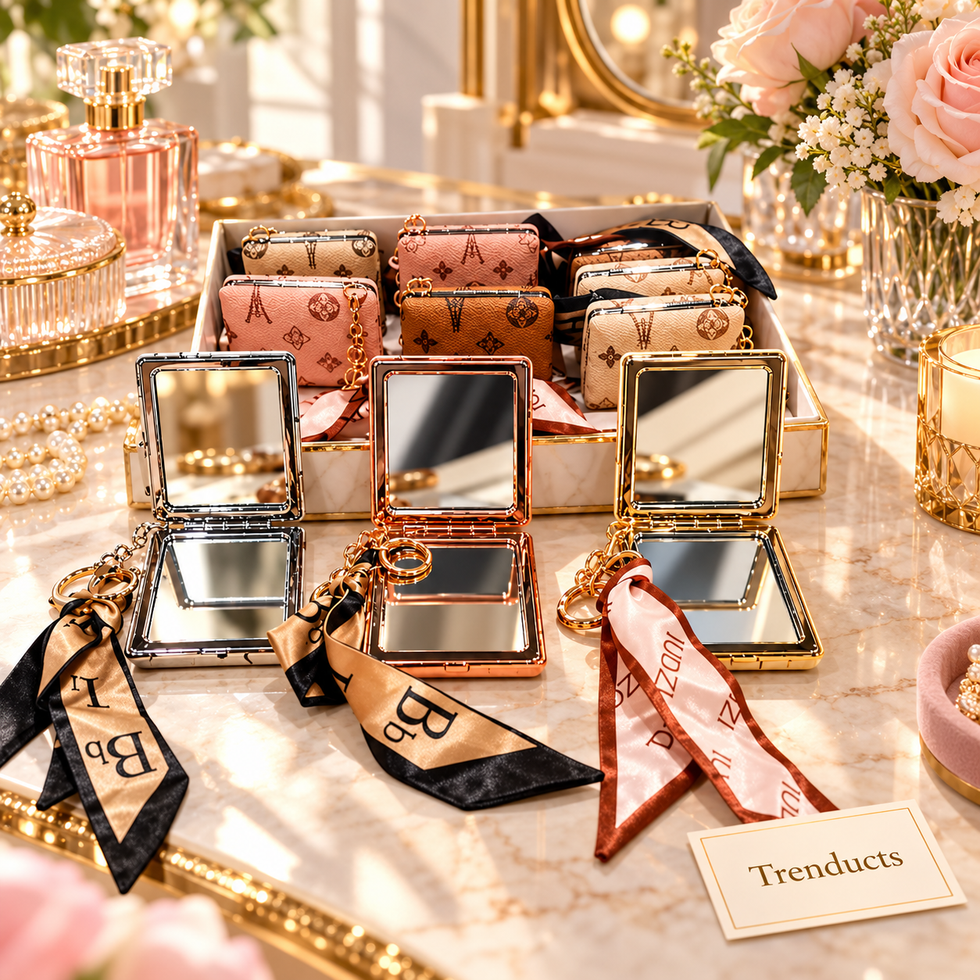 Monogram Print Cosmetic Pocket Mirror - Square Dual Mirror with Scarf Strap (each)
