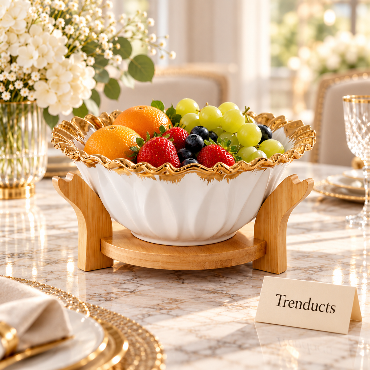 Ruffled Gold Rim Ceramic Bowl with Wooden Stand - 25 cm