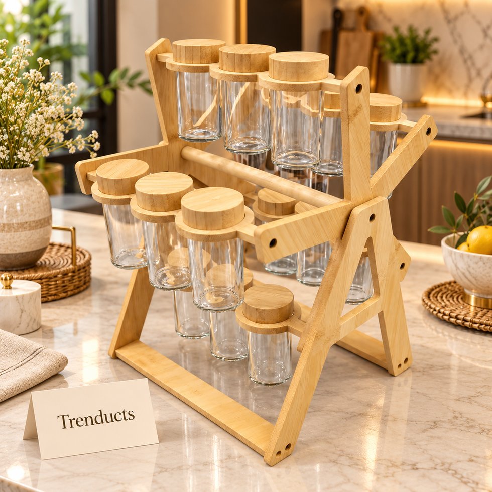Revolving Masala Rack with Glass Spice Jars - Wooden Ferris Wheel Stand