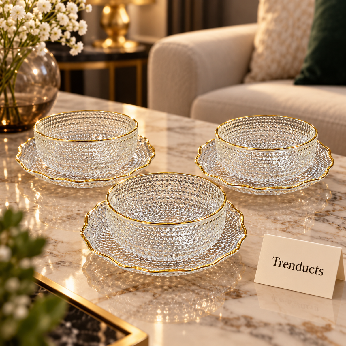 Hobnail Glass Bowl Set with Gold Rim Saucers - 6 Pcs
