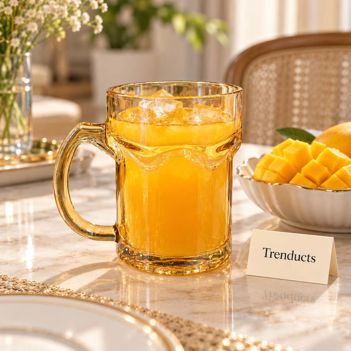 Glass Juice Mug - Amber Gold Wavy Design with Handle