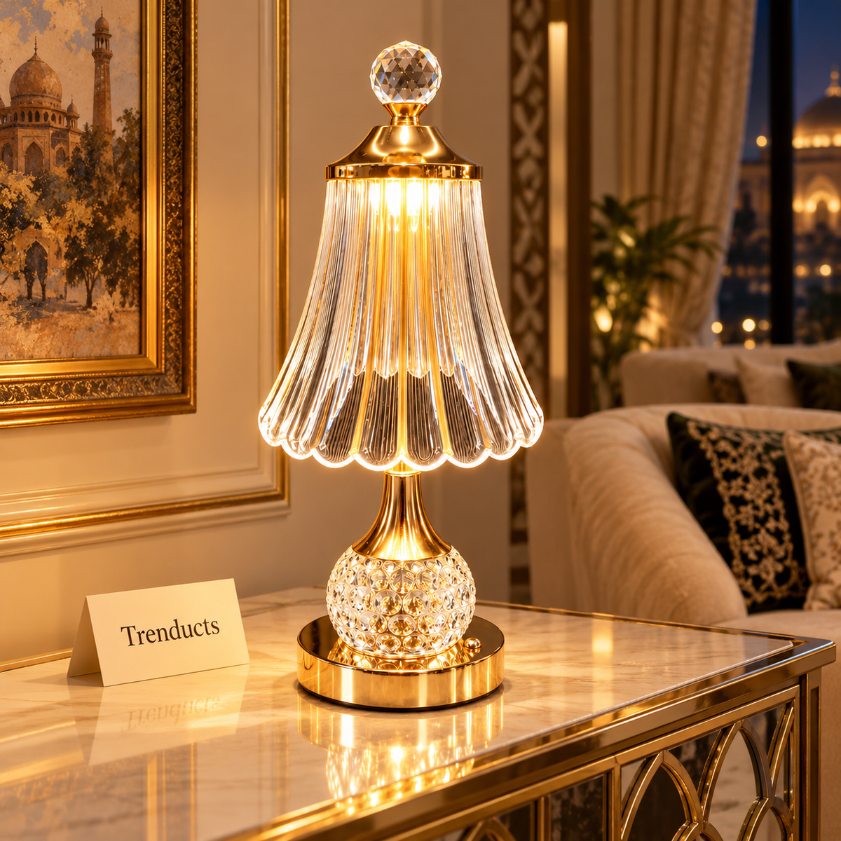 Crystal Lamp - Fluted Bell Shade Gold Table Lamp