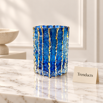 Blue Textured Glass Vase luxury styled photo with Trenducts card - view 1
