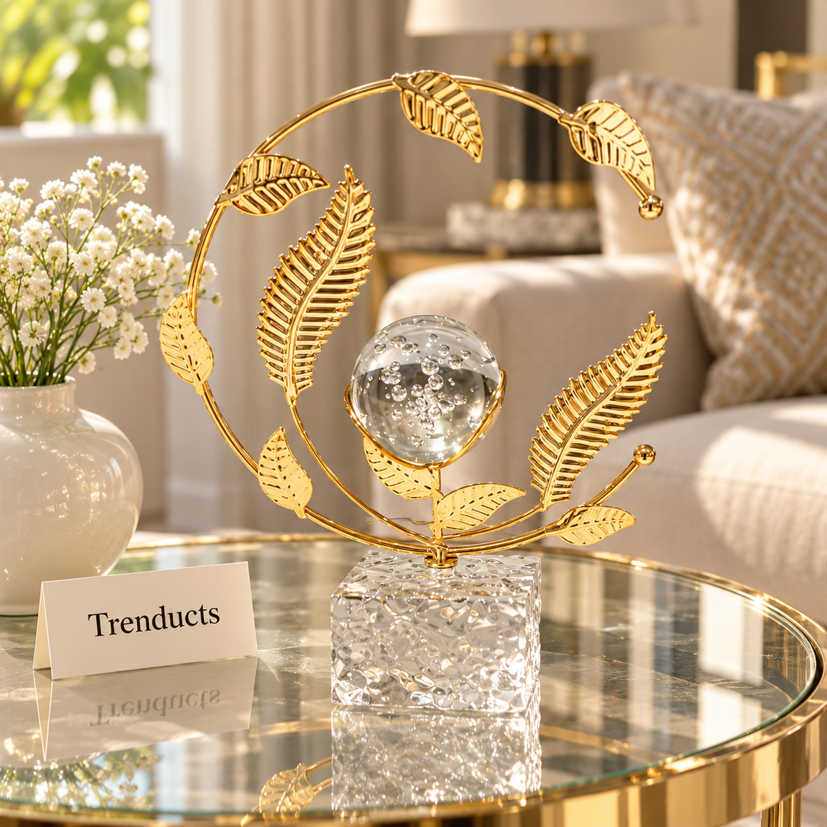 Metal Crystal Ball Table Decor - Gold Leaf Design