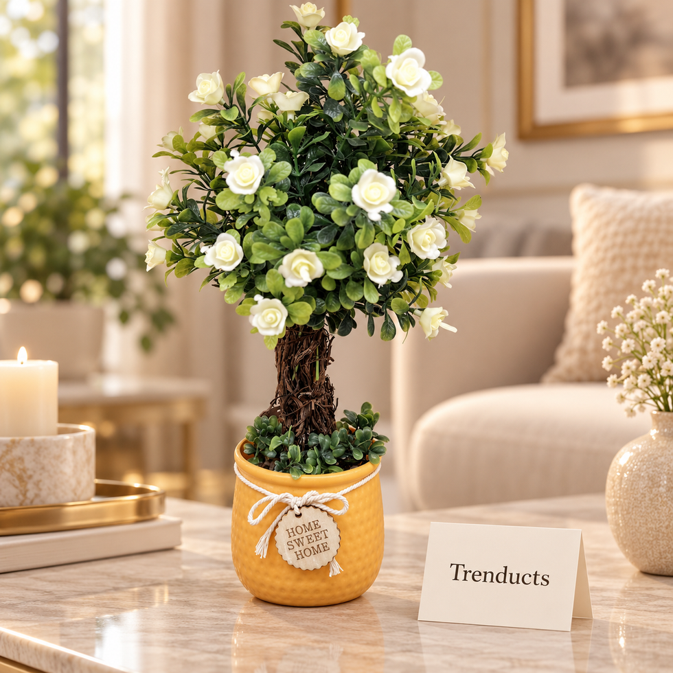 Artificial White Rose Plant Topiary in Home Sweet Home Pot