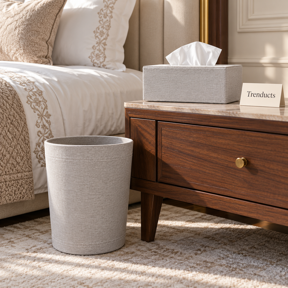 Woven Tissue Box & Dustbin - Light Grey Fine Weave