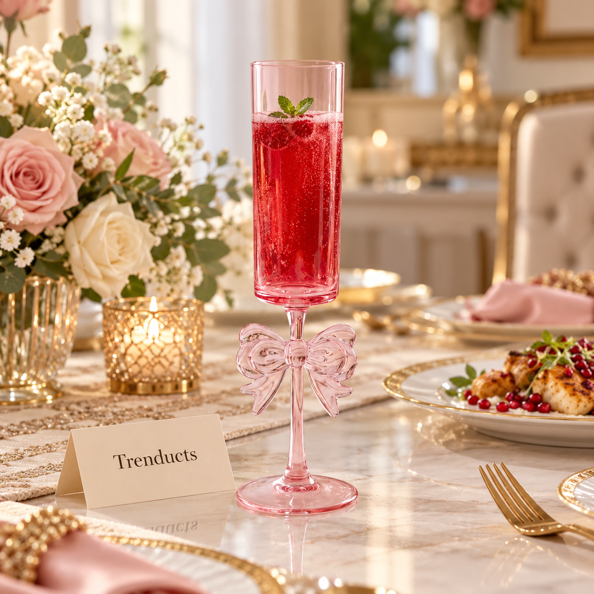 Aesthetic Pink Bow Juice Glass - Slim Tall Glass with Bow Stem