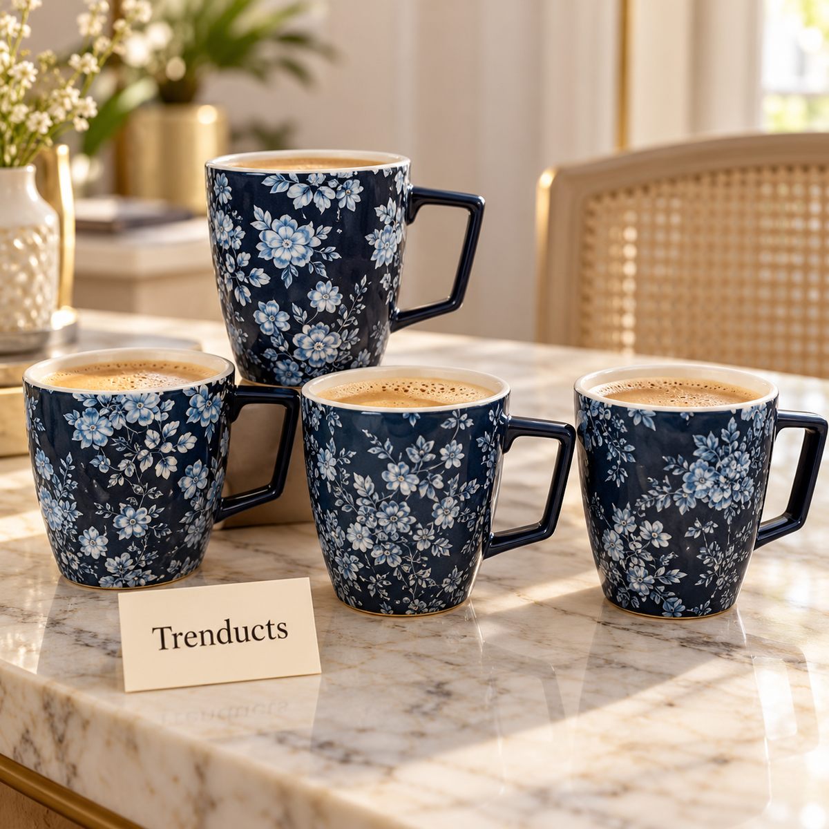 Navy Floral Mug 440 ml - Square Handle & White Flowers