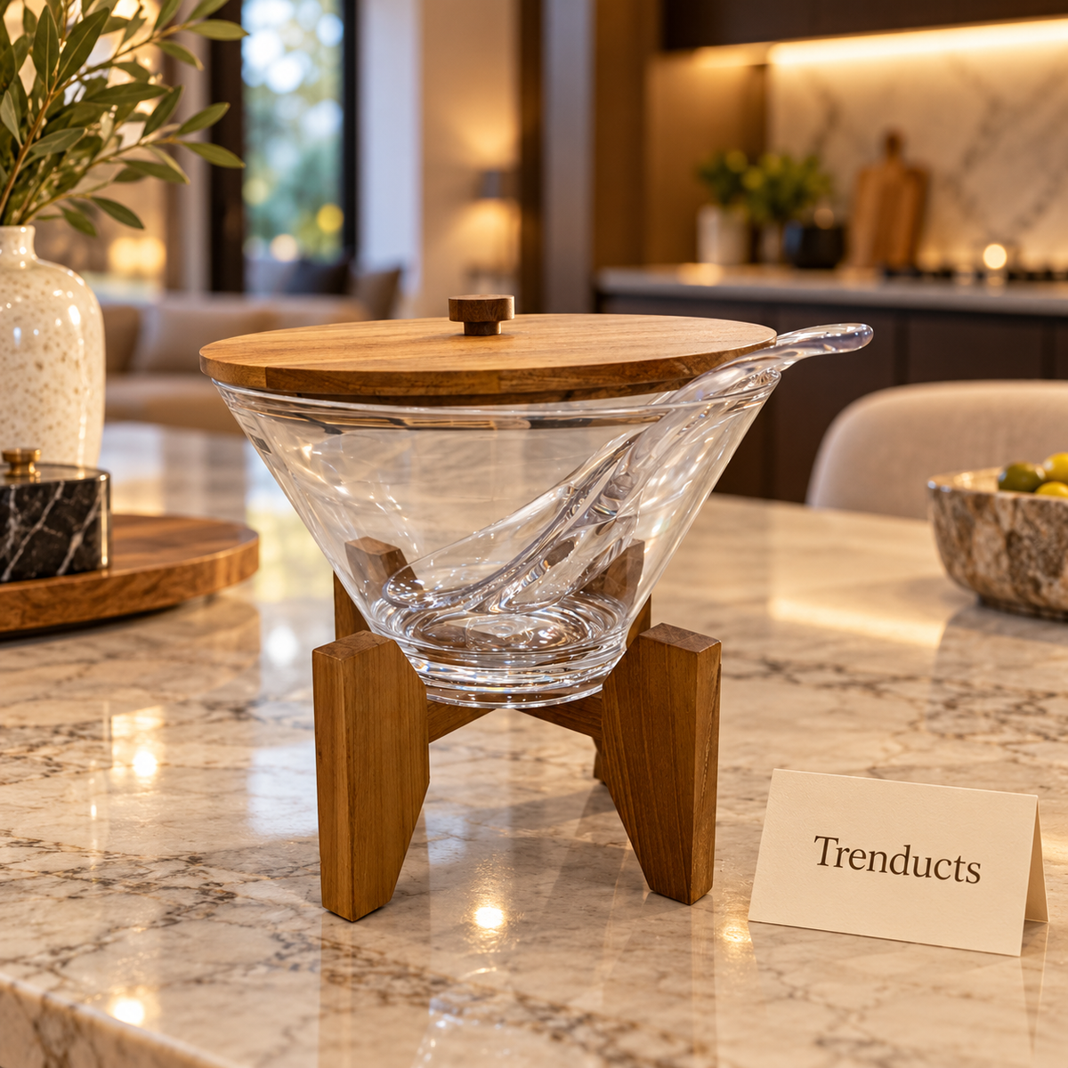Cone Salad Serving Bowl with Wooden Stand, Lid and Serving Spoon