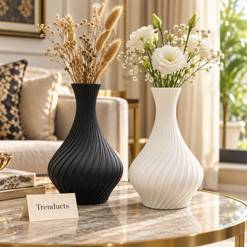 Twisted ribbed vases with flowers on a side table in a living room | Trenducts