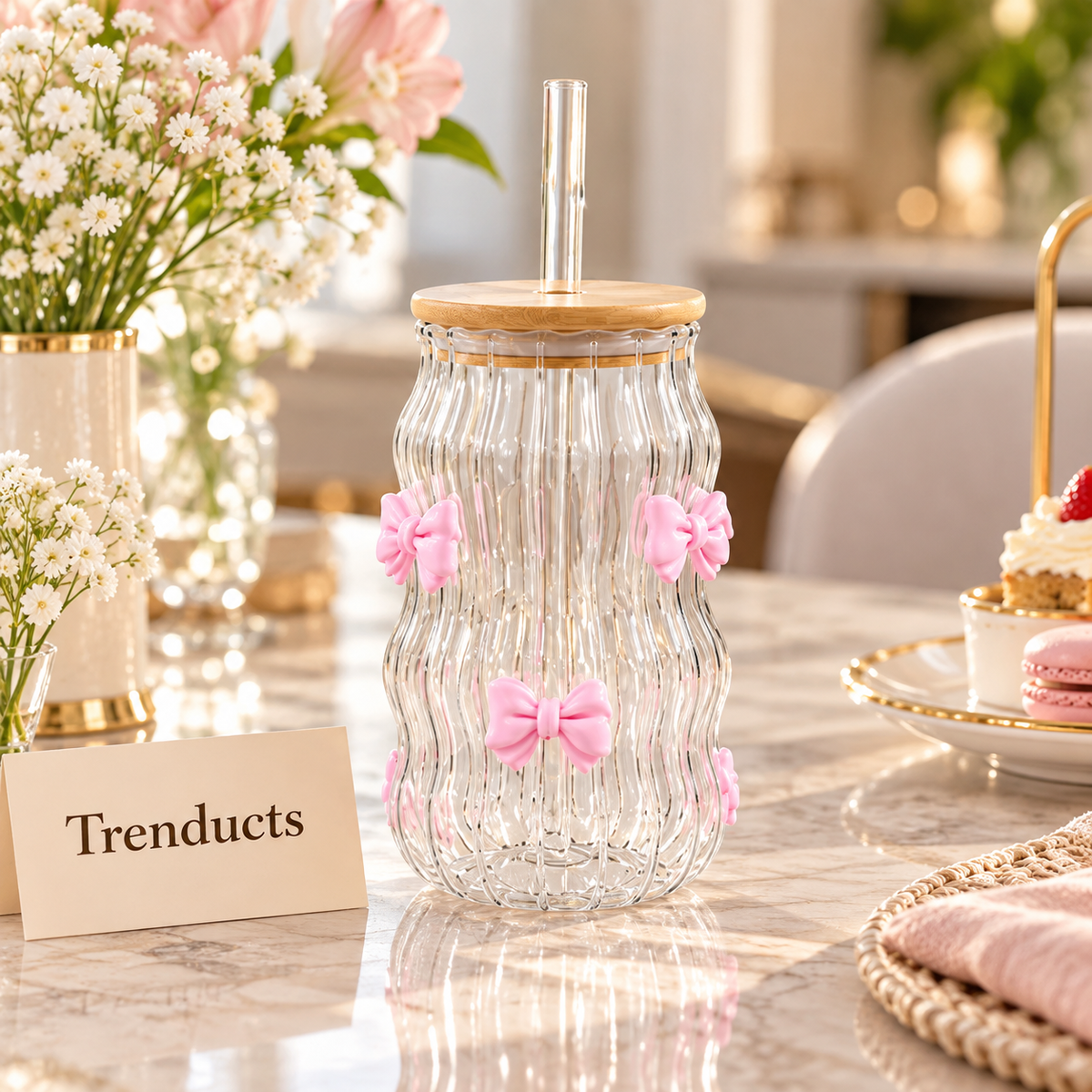420ml 3D Cute Bow Glass Sipper with Bamboo Lid