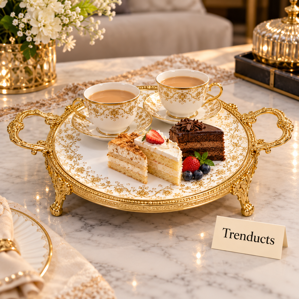 Brilliant Round Flat Tray - Royal Bloom Gold Border Design