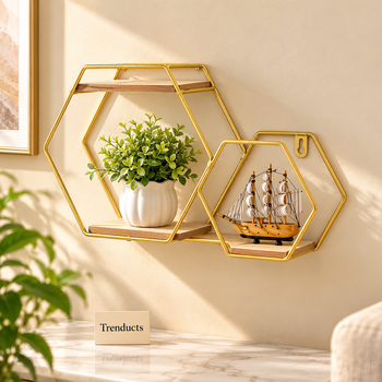Golden iron shelf with a plant on a living room wall | Trenducts
