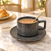 Cup and Saucer Set - Square Handle, Textured Ceramic