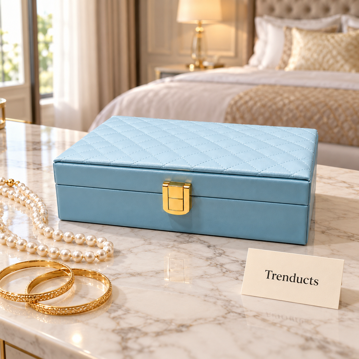Jewelry Box - Powder Blue Quilted Leather with Gold Lock