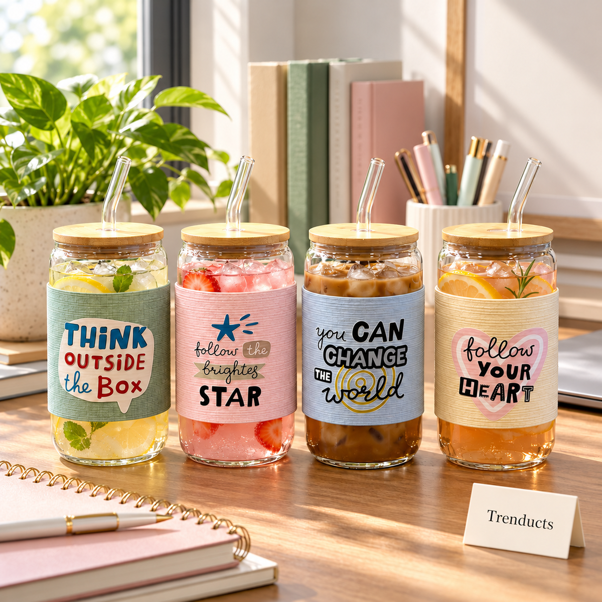 Quote Glass Mug with Bamboo Lid & Straw - Random Design