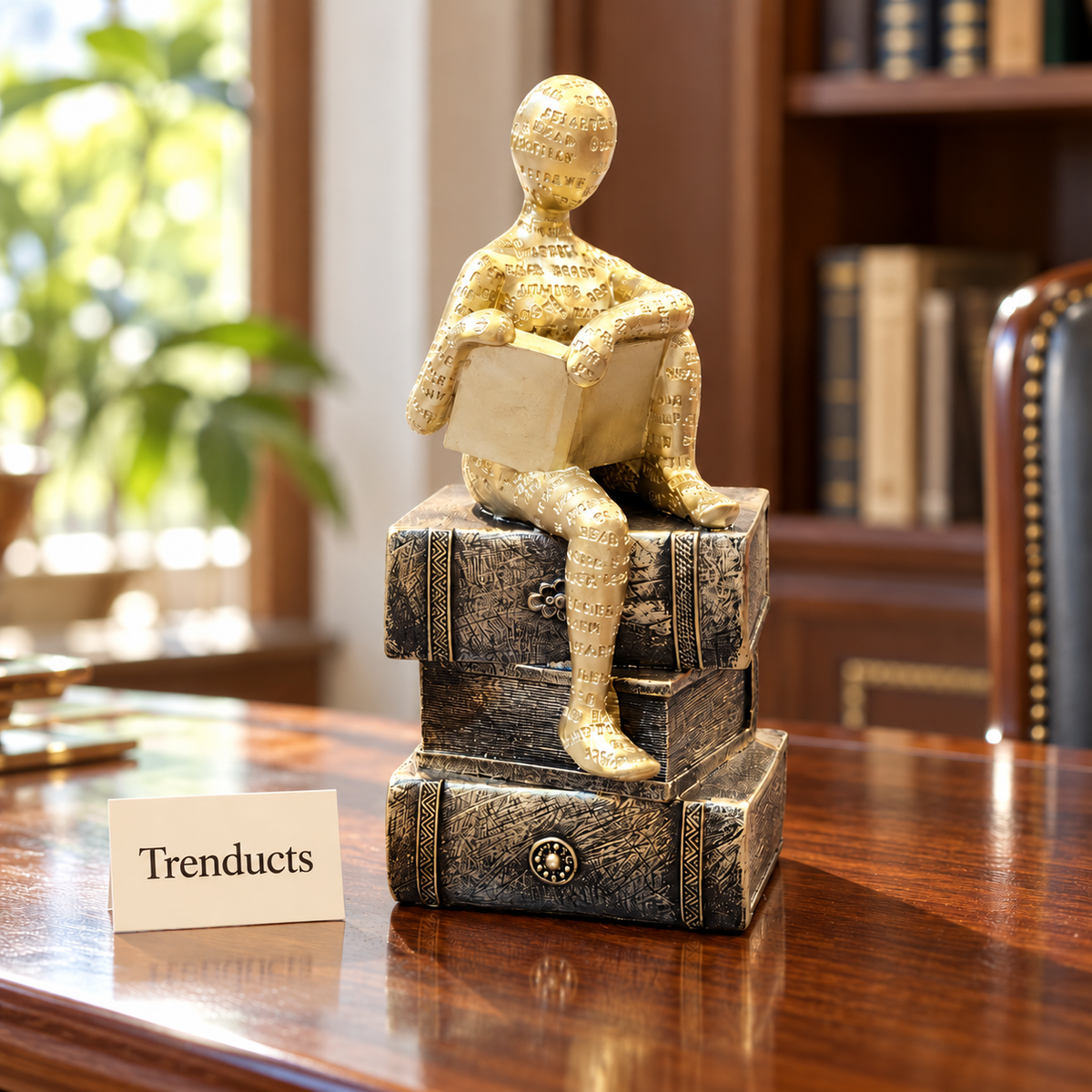 Gold Seated Reader Sculpture - Grey Book Stack Base Showpiece