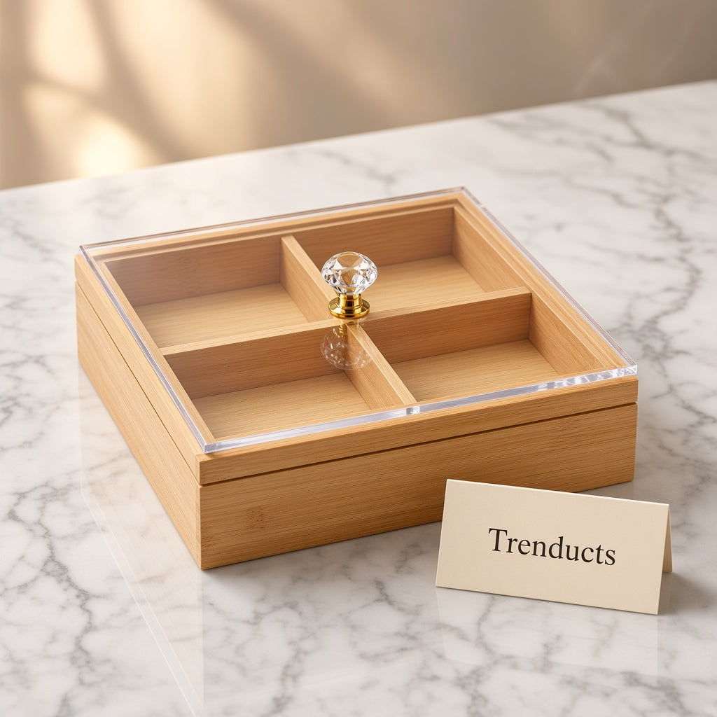Bamboo Wood Dry Fruit Box with Acrylic Lid - 4 Compartments