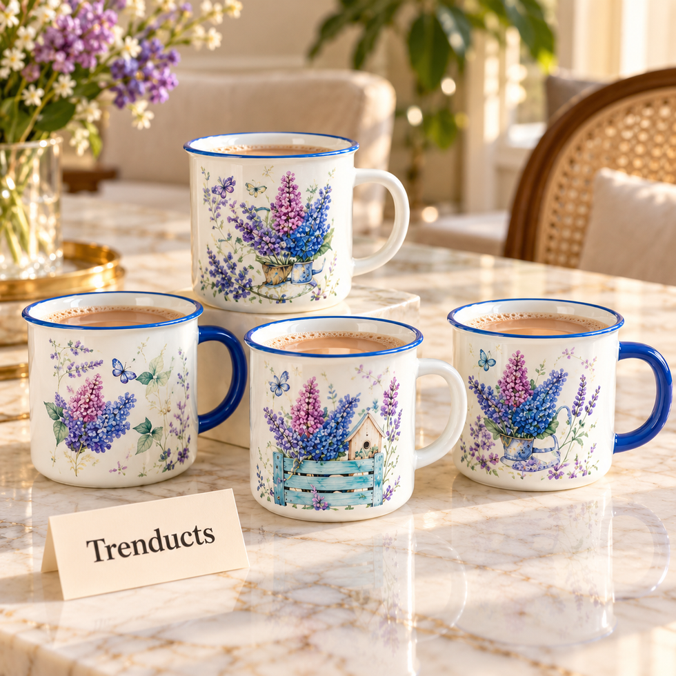 Lilac Flower Mug 360 ml - Purple Floral Blue Rim (Random)