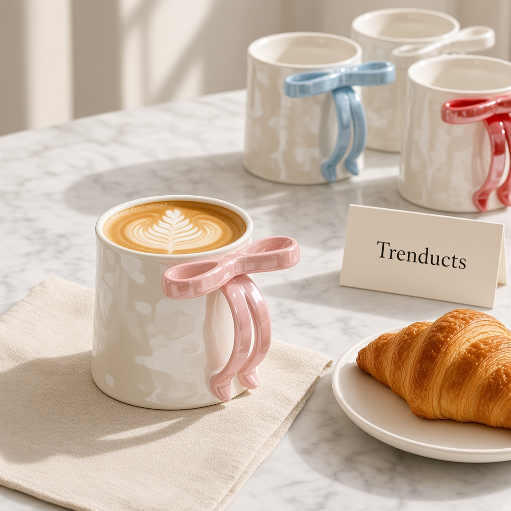 Cute Ceramic Bow Handle Mug - Pearl Glaze