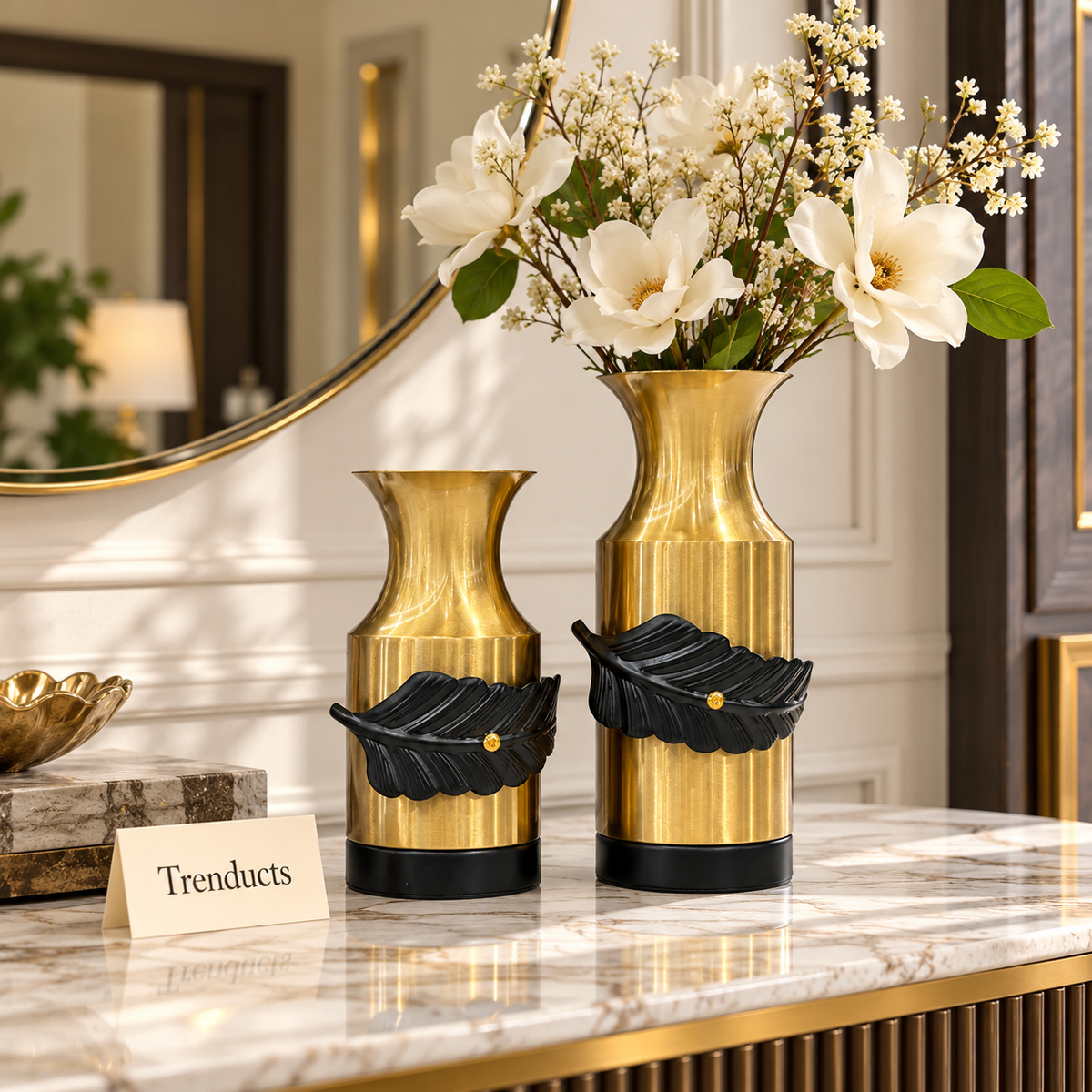 Metal Vase - Brushed Gold Bottle with Black Leaf