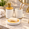 Brilliant Round Bathroom Set 3 Piece - White Ribbed with Bamboo