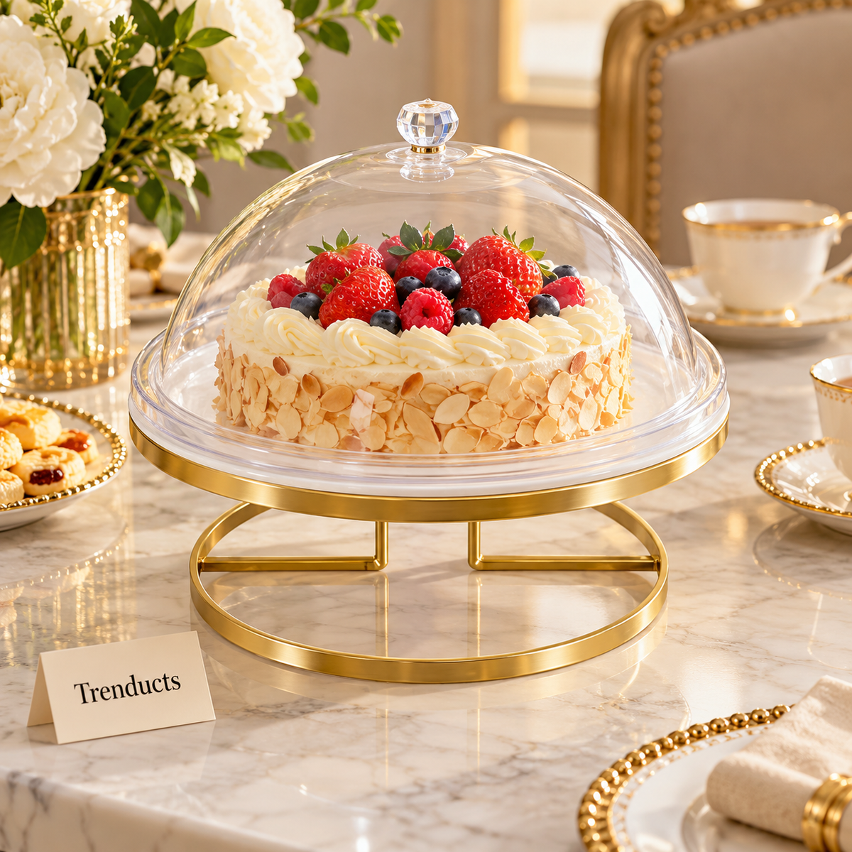 Brilliant Gold Cake Stand with Dome - 13″ White Plate