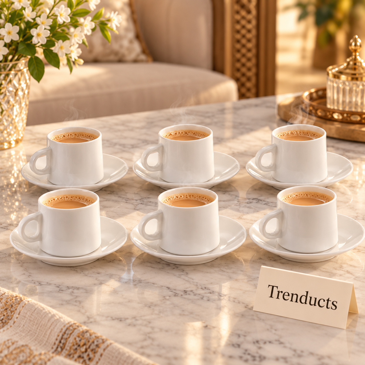 Brilliant White Tea Cups with Saucers - Set of 6 Wide Rim