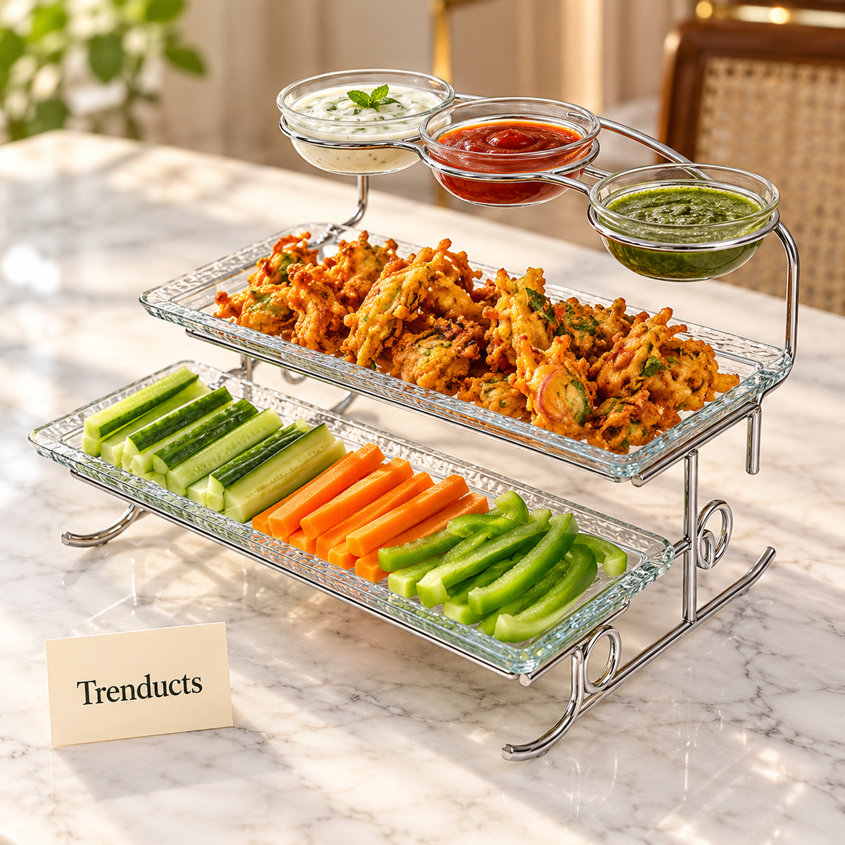 Danny Home 2 Tier Serving Tray - Glass with 3 Dip Bowls
