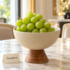 Luxury Cream Pedestal Fruit Bowl - Wooden Base Ceramic Bowl