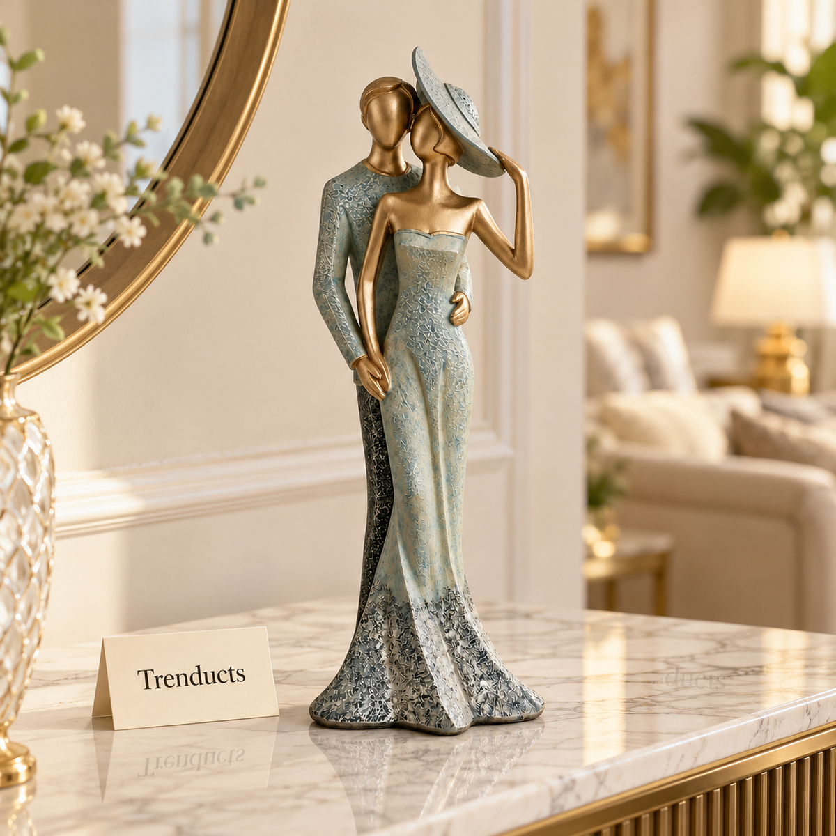 Standing Couple Statue - Sage Green & Gold Hat Lady