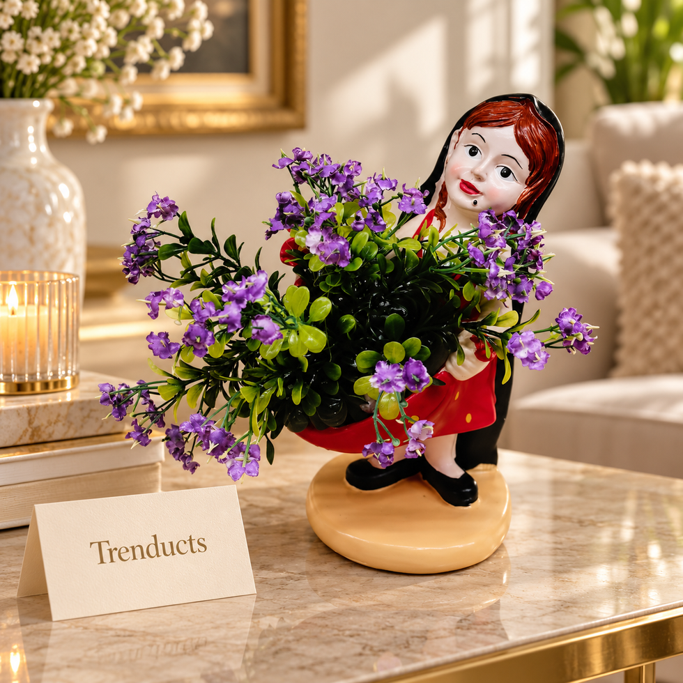 Girl Figurine Flower Planter with Artificial Purple Flowers