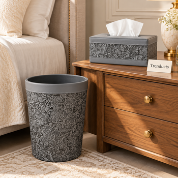 Charcoal embossed tissue box dustbin in a bright bedroom - Trenducts
