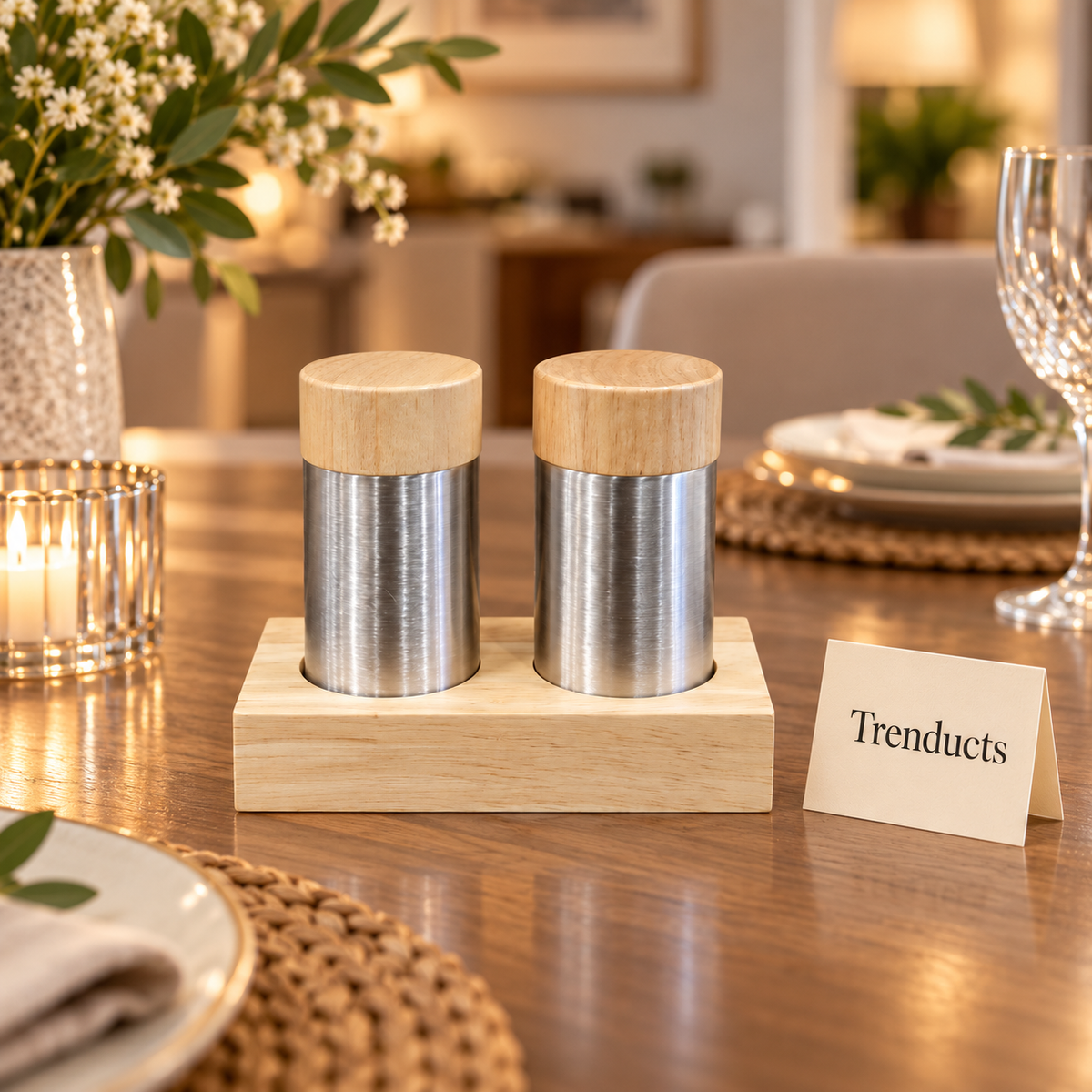 Salt and Pepper Shaker Set - Brushed Steel with Light Wood Tops and Base