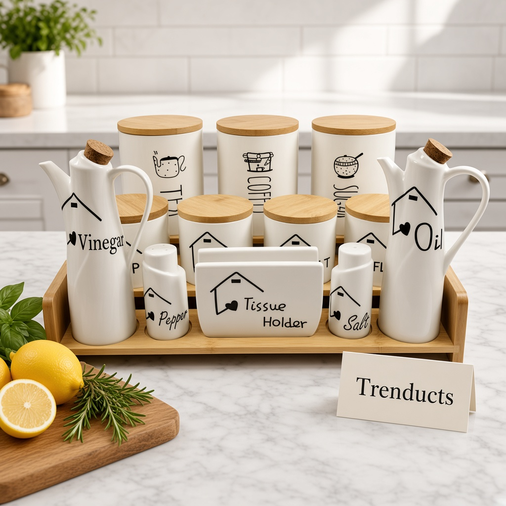 Ceramic Kitchen Jar Set on Bamboo Tray - English Labels