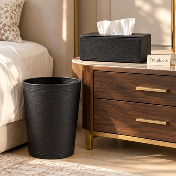 Black texture tissue box dustbin in a bright bedroom - Trenducts