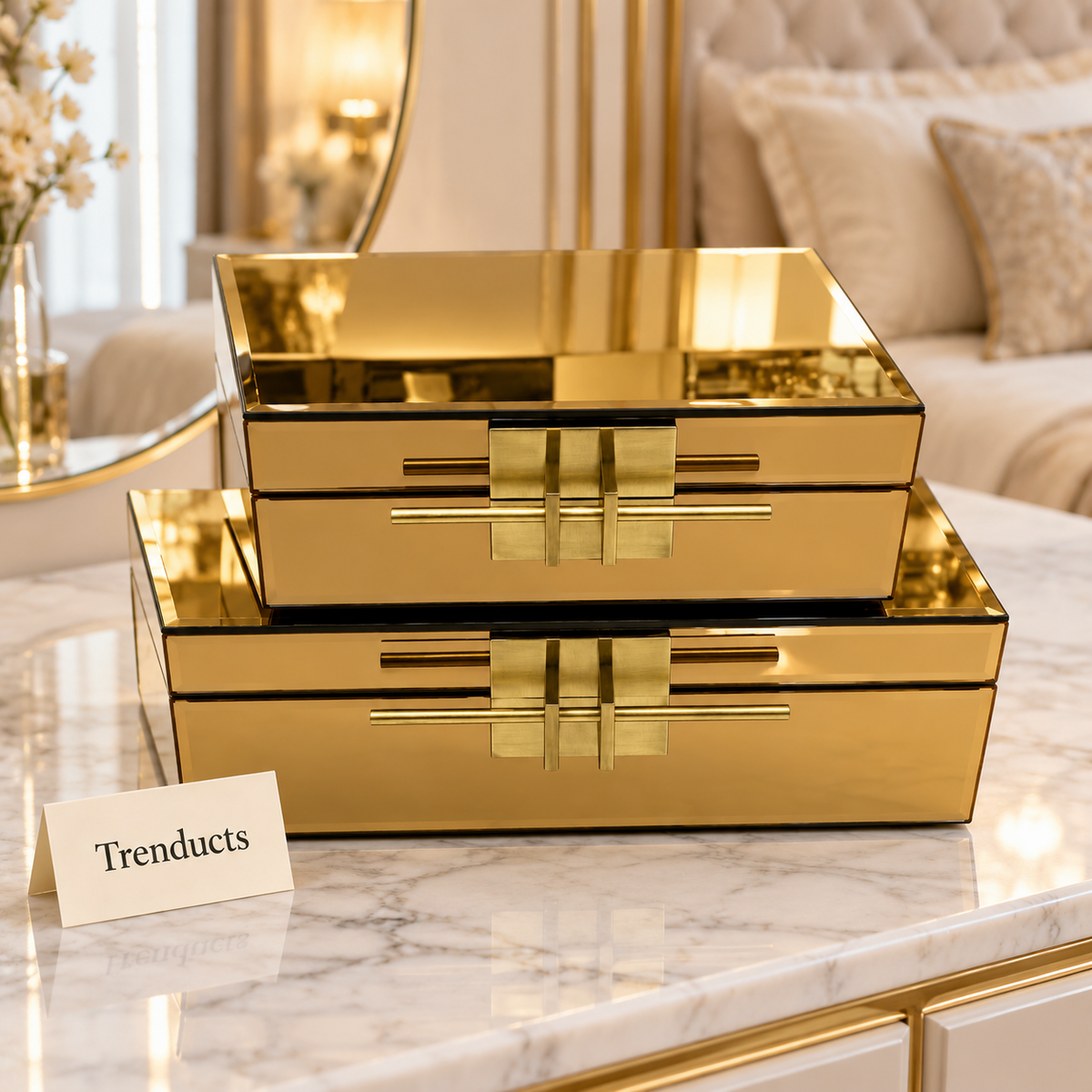 Premium 2 Piece Storage Box Set - Gold Mirror Finish