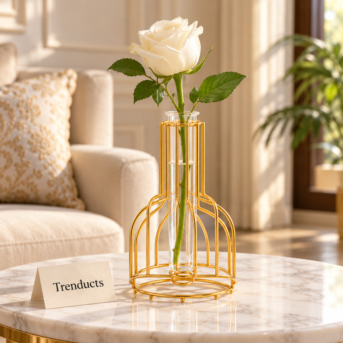 Golden Flower Vase - Metal Wire Holder with Glass Tube