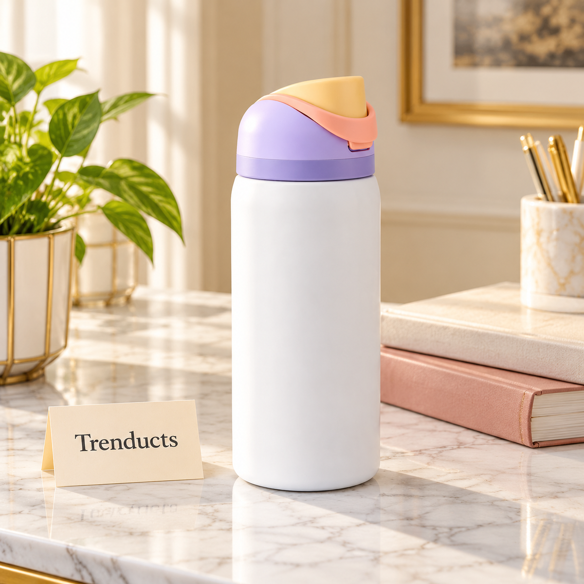 Insulated Water Bottle - White with Lavender Lid