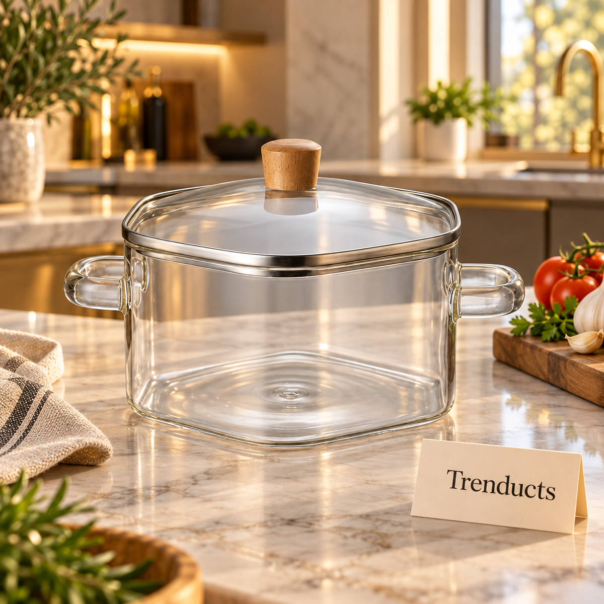 Square Glass Cooking Pot 2300ml with Wooden Knob