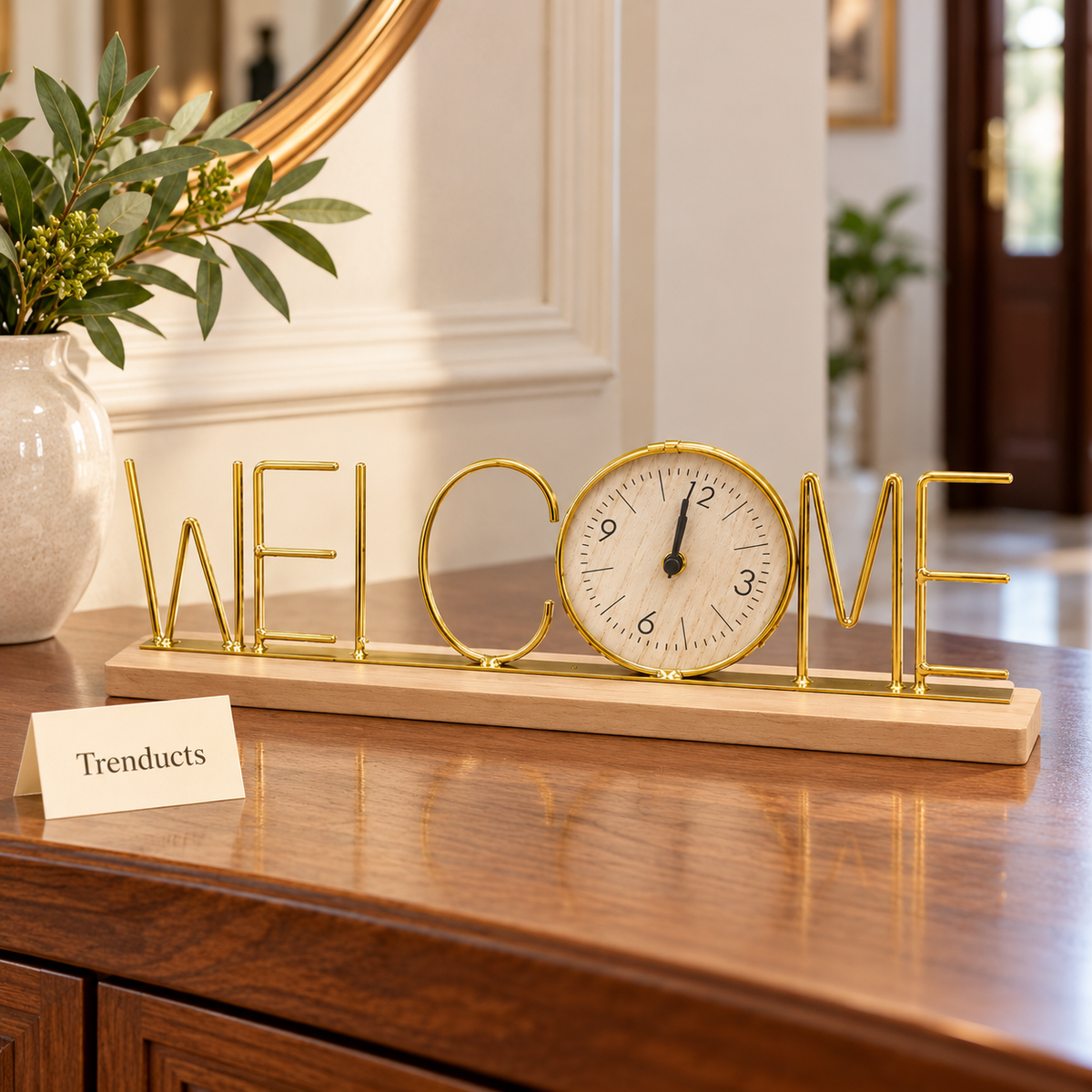 Metal Welcome Clock - Gold Table Decor with Wood Base