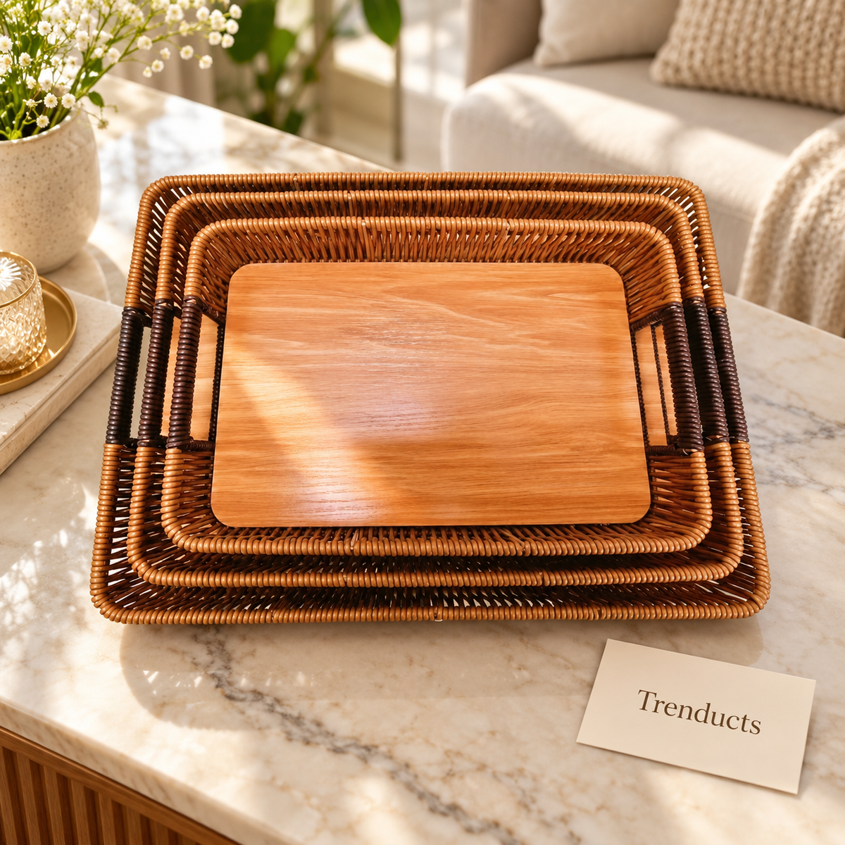 Rattan-Style Woven Serving Tray with Wood Grain Base and Handles