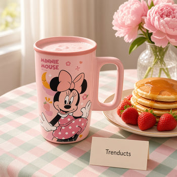 Minnie Mouse Ceramic Mug - Cartoon Mouse Mug with hot coffee on a study desk | Trenducts