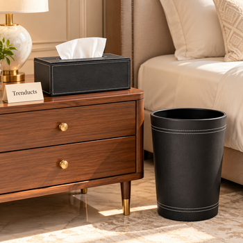 Black stitched tissue box dustbin in a bright bedroom - Trenducts