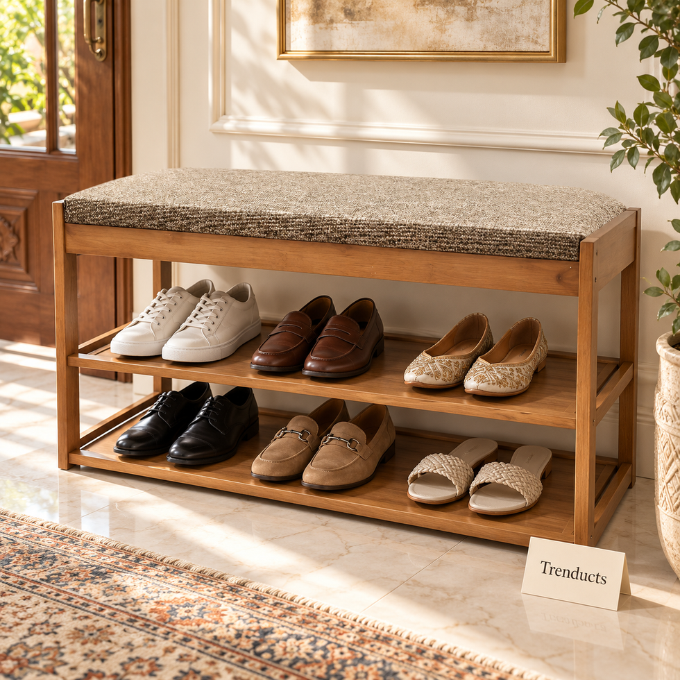 Two Shelf Bench - Dark Wood Style with Beige Cushion