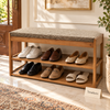 Two Shelf Bench - Dark Wood Style with Beige Cushion