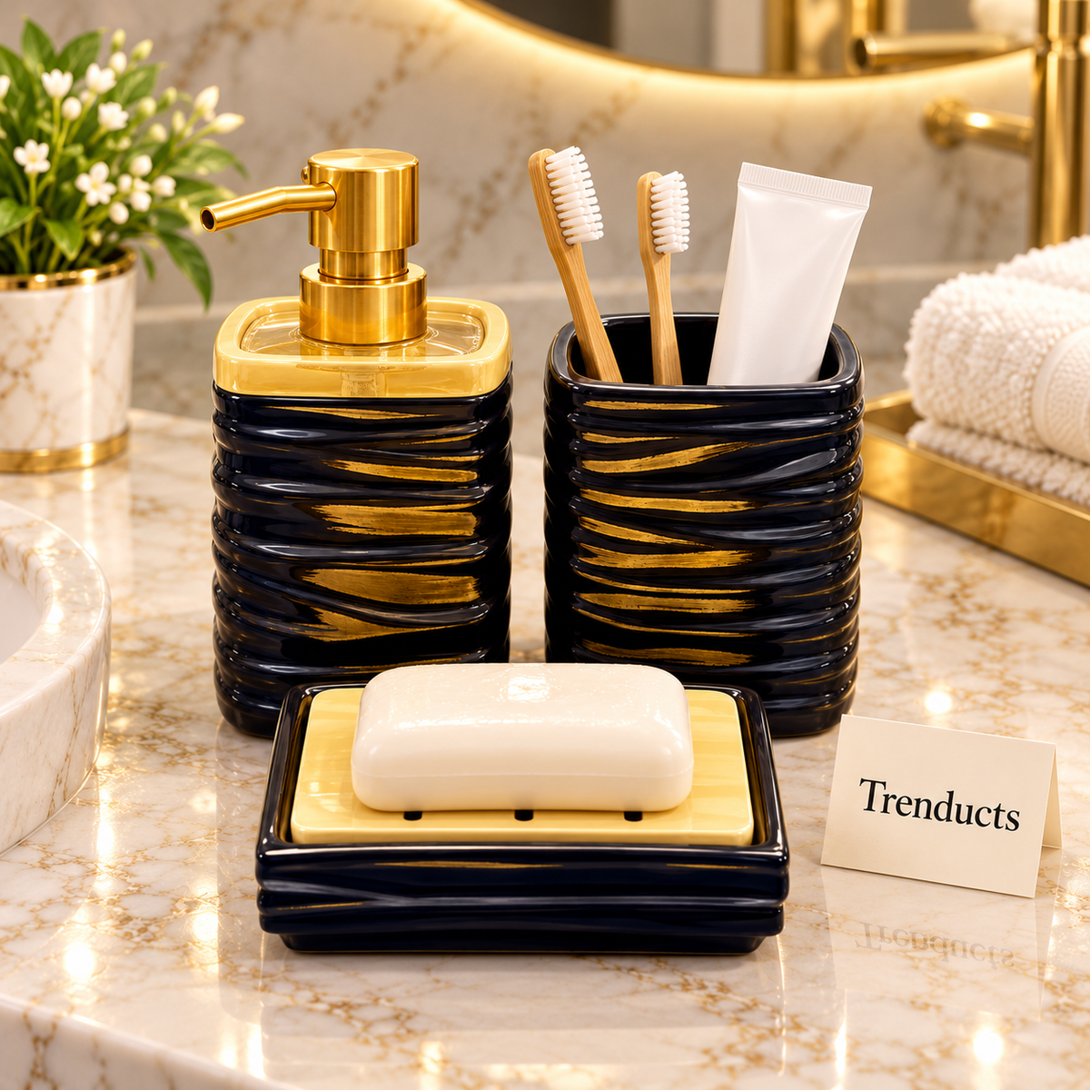 Brilliant Square Bathroom Set 3 Piece - Black Ribbed with Bamboo