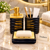 Brilliant Square Bathroom Set 3 Piece - Black Ribbed with Bamboo