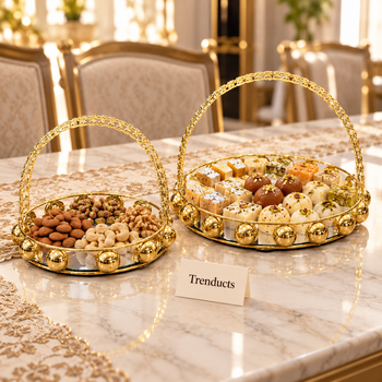 Gold mirrored serving tray set holding sweets on a dining table | Trenducts