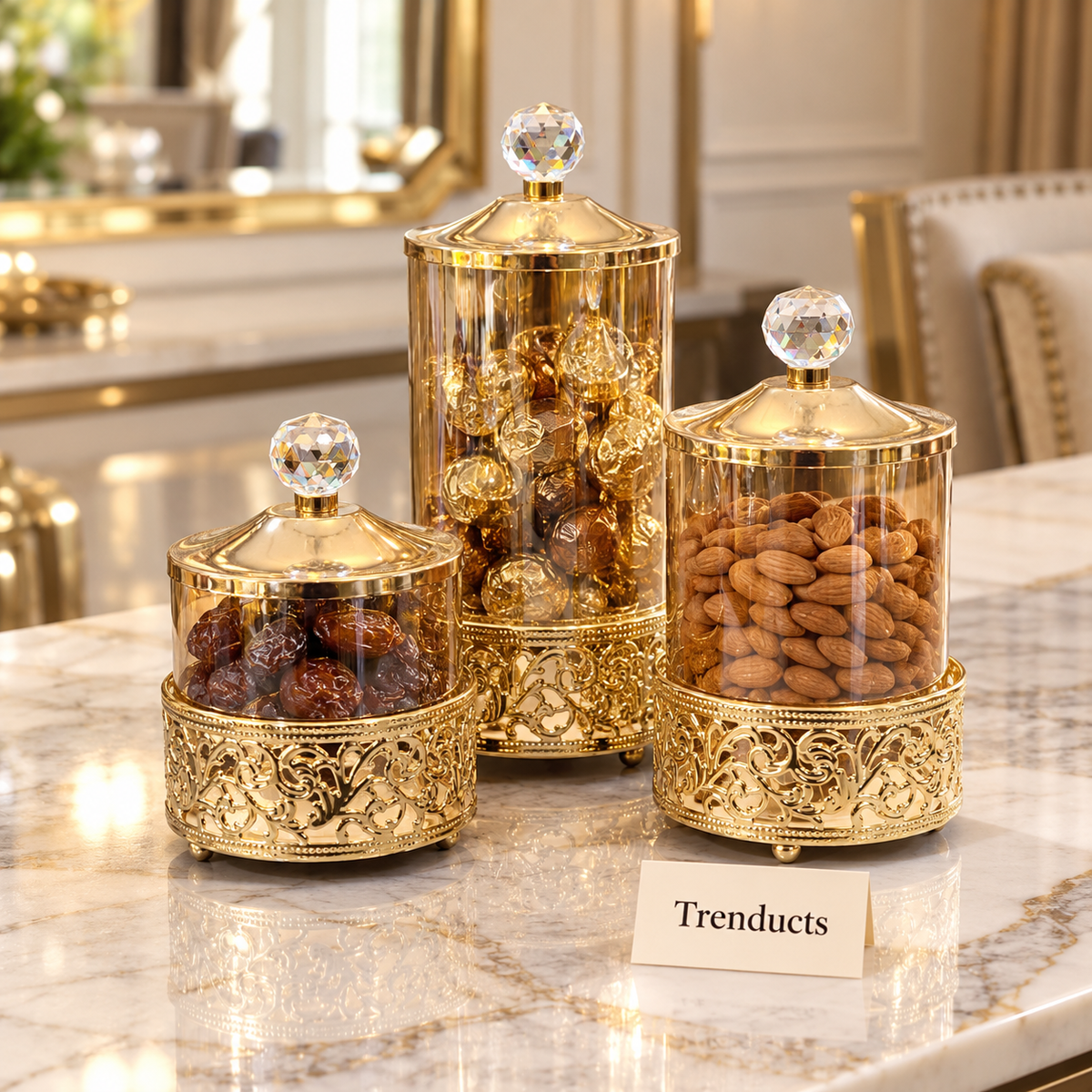 Gold Filigree Canister Set - 3 Jars with Crystal Knobs